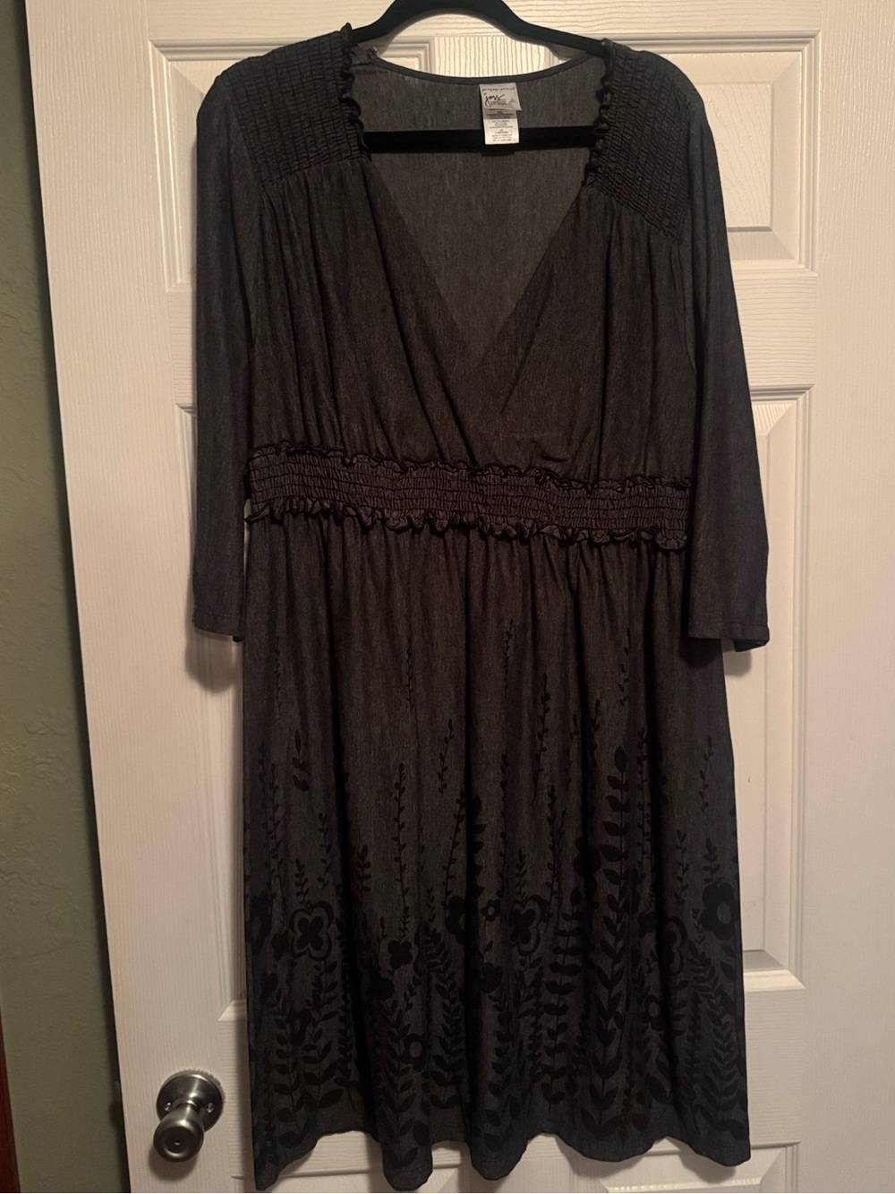 Just My Size Sz 1X(18w-20W) Dark Gray Floral Embossed Smocked Waist Dress